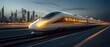 © Bassmallah - High-speed train traveling through a modern cityscape at dusk.