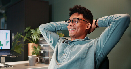 Leinwandbilder - Man, happy and finished with relief at office, trading and charts at night in with deadline, schedule or task. Person, investor and smile with time management for stocks, done and relax by computer