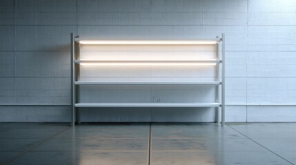 Wall Mural - sleek, minimalist shelving unit with integrated led lighting against a textured wall. empty shelves 