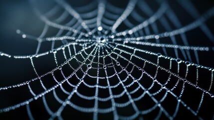 Delicate spiderweb glistening with morning dew captures nature's intricate architecture