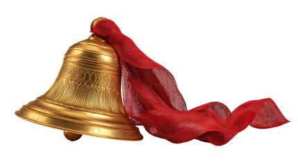 A beautiful golden bell adorned with a flowing red ribbon. transparent background