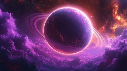 a glowing purple and black planet with bright rings surrounded by vibrant pink and purple clouds in 