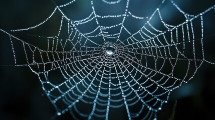 Intricate Spiderweb Adorned with Glistening Dewdrops in Dark Ambient Lighting
