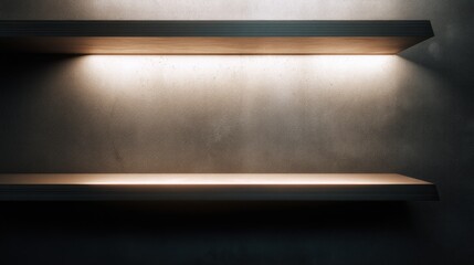 Wall Mural - two minimalist shelves, illuminated from below, are mounted against a textured wall. the lighting cr