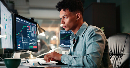 Leinwandbilder - Man, typing and computer screen with trading, stats and review for revenue report in office at company. Person, keyboard and monitor at night, graphs or research with price for stock market at agency
