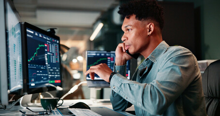 Poster - Phone call, computer screen and man in office with finance trading at night for investment account. Technology, communication and male financial analyst with stock market risk analysis in workplace.