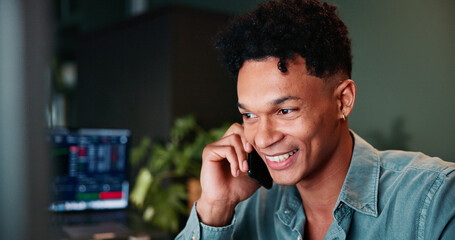 Leinwandbilder - Phone call, contact and man in office with trading at night for client investment account. Technology, happy and male financial analyst with communication for stock market risk analysis in workplace.