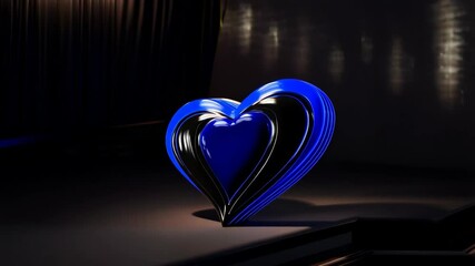 Glossy hearts of blue and black shades elegantly stacked in a seamless flow to create a visually stunning looping animation design.