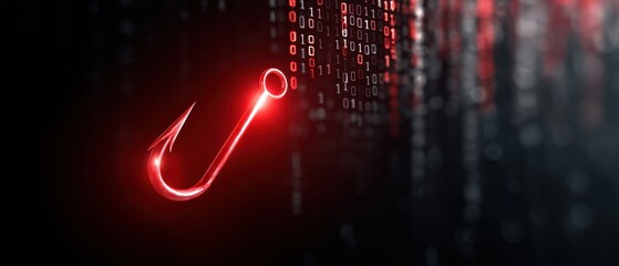 A glowing red fishing hook appears among digital binary code, symbolizing phishing or cyber threats in a technological environment.