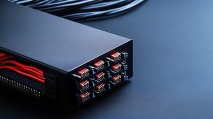 Wall Mural - close-up of modern data switch with red and black wiring on dark background