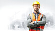 © Wararat - Confident Construction Worker: A portrait of a serious, confident construction worker wearing a yellow hard hat and safety vest, arms crossed, against a backdrop of a city construction site.