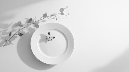 Poster - Minimalist monochrome photo of a butterfly on a plate with eucalyptus branch.