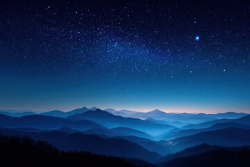 Captivating view of a star-filled night sky over the majestic blue ridge mountains, presenting a serene and tranquil natural scenery with city lights.