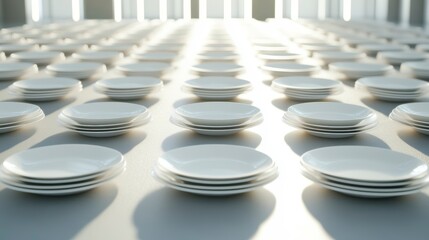 Poster - Numerous stacks of clean white plates arranged in neat rows on a bright surface, bathed in sunlight.
