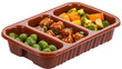 © Pairat - A brown plastic three compartment meal tray contains savory glazed meat, green peas, and a medley of roasted carrots and broccoli. The image is set against a transparent background.