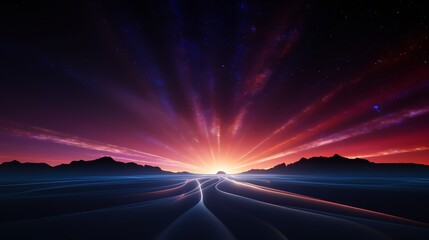 Fototapete - Beautiful sunset with a bright orange sun in the sky. The sky is filled with stars and the horizon is dotted with mountains. The scene is peaceful and serene