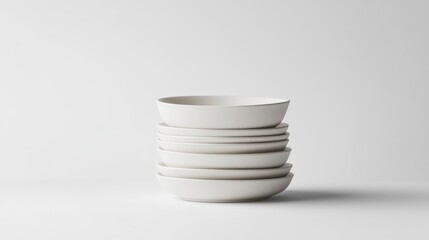 Poster - Stack of simple, off-white ceramic bowls on a white background.