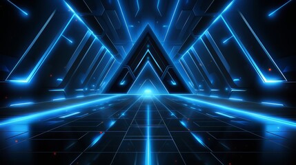 Leinwandbilder - Blue and white space with a large triangle in the middle. The triangle is surrounded by blue lines and the space is lit up with blue lights