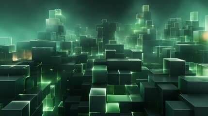 Leinwandbilder - Cityscape made of green blocks with neon lights. Scene is futuristic and modern