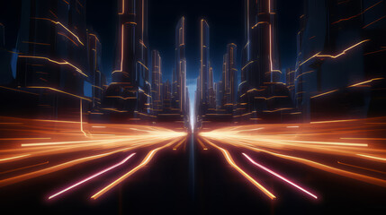 Aufkleber - Cityscape with tall buildings and a bright orange sky. The city is lit up with neon lights, creating a futuristic and vibrant atmosphere