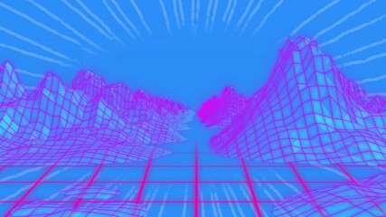Wall Mural - Neon wireframe grid plane extending toward horizon, featuring wireframe peaks and light streaks