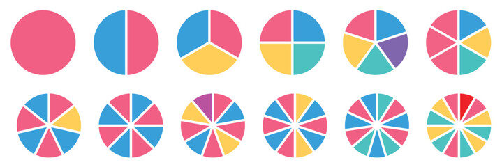 Wall Mural - Circle division infographic icon set. Pie chart divided. Color pizza or donut round diagram. Infographic wheel segment and fraction. Vector illustration isolated on white background