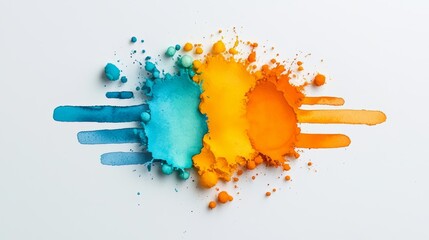 Poster - Colorful explosion of paint splatters on a white background. The colors are bright and vibrant, creating a sense of energy and excitement. The splatters are arranged in a way that suggests movement