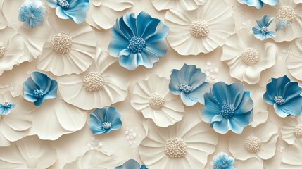 Poster - 3D render of textured white and blue flowers.