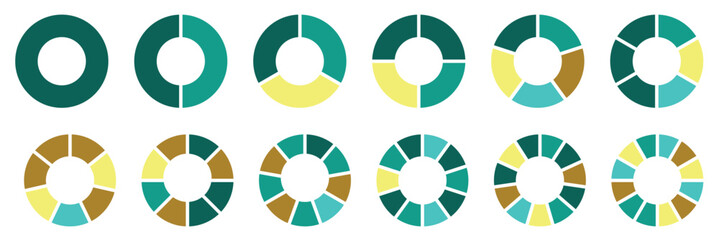 Wall Mural - Circle division infographic icon set. Pie chart divided. Color pizza or donut round diagram. Infographic wheel segment and fraction. Vector illustration isolated on white background