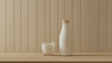Poster - Glass of milk and bottle on wooden surface.