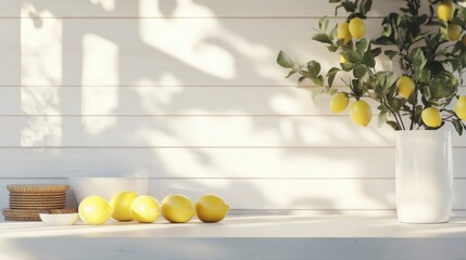 Poster - Lemons on a white table against a white wood wall with sunlight and shadows.