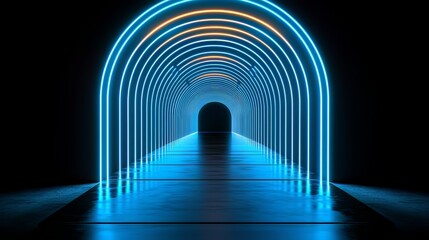 Leinwandbilder - Long blue tunnel with orange lights. The tunnel is dark and the lights are bright