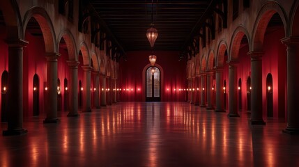 Fototapete - Long red hallway with a large archway in the middle. The archway is lit up with lights and the hallway is empty