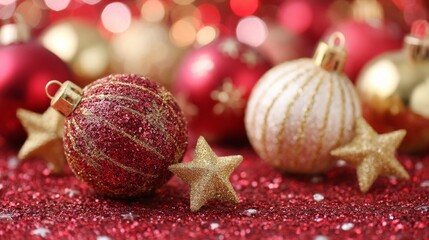 Poster - Frontal layout showcases festive Christmas ornaments and gold stars scattered across a shimmering red and golden background, evoking a cheerful holiday spirit
