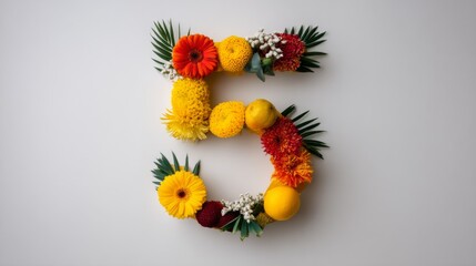 Poster - Number five formed by a vibrant arrangement of diverse floral elements against a stark white backdrop. Ideal for decorative or marketing purposes in various contexts