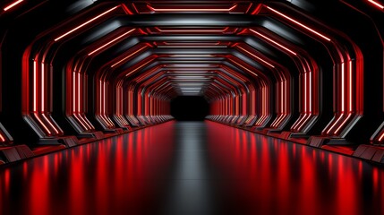 Fototapete - Long, dark tunnel with red lights shining from the ceiling. The tunnel is empty and the lights are on, creating a sense of emptiness and isolation. The red lights give the tunnel a futuristic