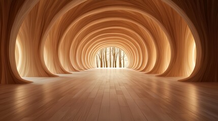 Poster - Long, narrow room with a tree in the middle. The room is made of wood and has a warm, inviting atmosphere