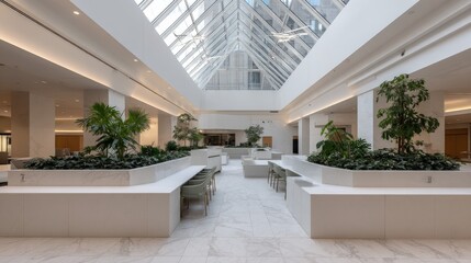 Aufkleber - This contemporary office space features white desks, ergonomic chairs, and lush potted plants, all under a bright skylight promoting a clean, productive atmosphere
