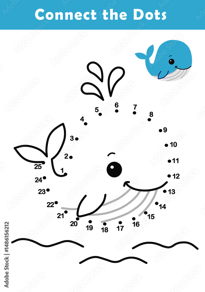 Dot to Dot Worksheet for Kids. Connect the dots to draw a cute whale ...