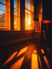 Wall Mural - warm sunlight streaming through window blinds, casting shadows on a wooden floor with a chair