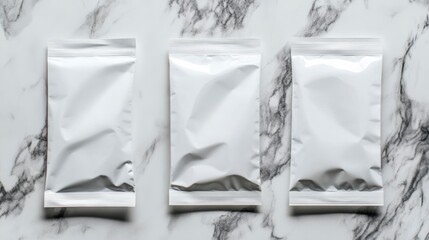 Poster - Three blank white stand-up pouches on marble background. (1)