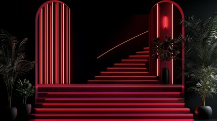 Fototapete - Red staircase with a black railing and a red archway. The staircase is lit up with red lights
