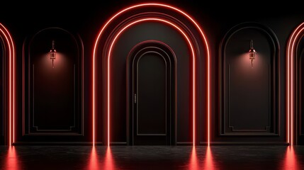 Fototapete - The room is dimly lit with red neon lights illuminating the space. The walls are adorned with arched doorways, giving the room a sense of grandeur and elegance