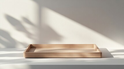 Poster - Empty light wooden tray on white surface with sunlight and leaf shadows.