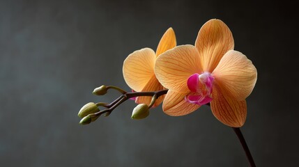 Poster - A stunning orange orchid bloom with intricate veining stands out against a soft charcoal backdrop, embodying beauty and serenity with ample copy space available