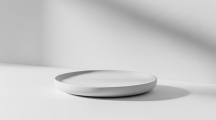 Poster - Minimalist white round platform on white background with sunlight shadow.