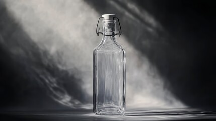 Poster - Empty glass bottle with swing-top closure on dark background, illuminated by sunlight.