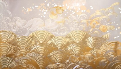 Poster - golden abstract waves and clouds with metallic texture and luminous bokeh background for luxury branding, packaging design, website header, or elegant print media backdrop

