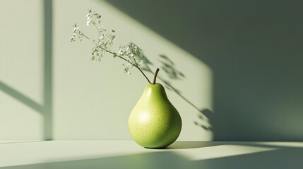 Poster - Green pear with delicate sprig in sunlight.