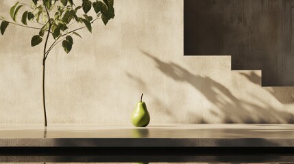Aufkleber - Minimalist scene with a pear and small tree against a beige wall with shadows.
